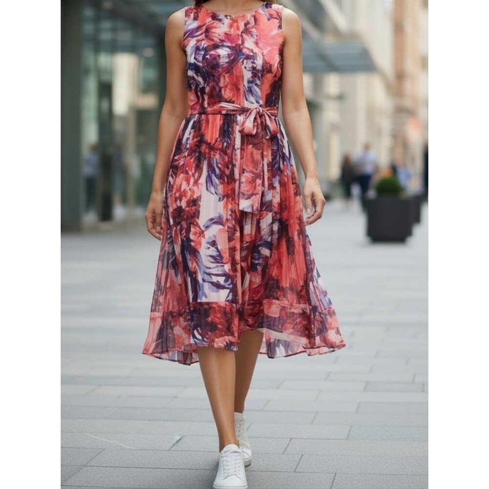 LUXE by Carmen Marc Valvo Abstract Floral Pleated Cocktail Belted Dress Size 14